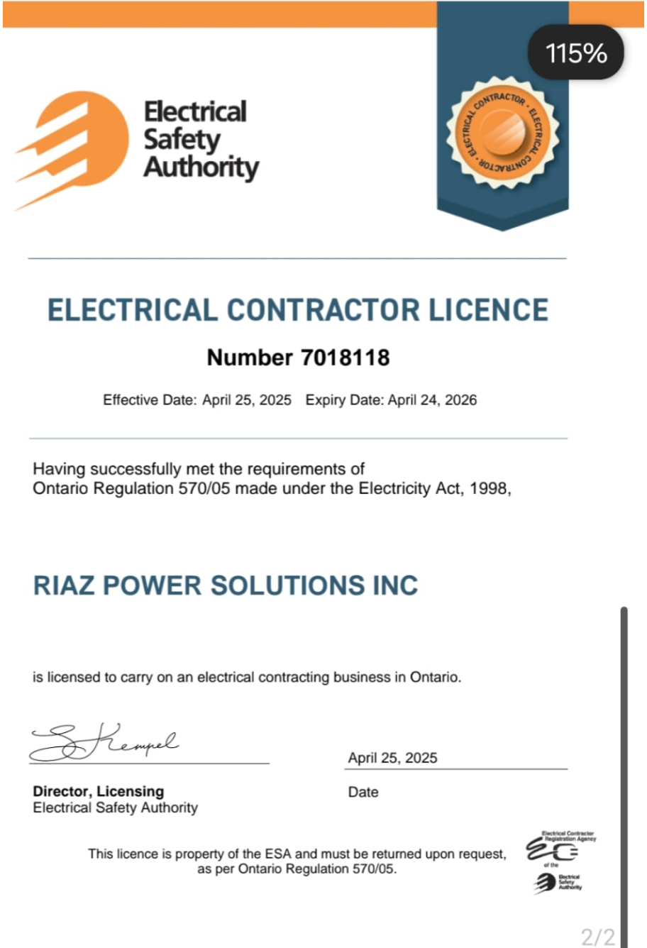 Riaz Power Solutions Inc. — ESA Electrical Contractor Licence #7018118